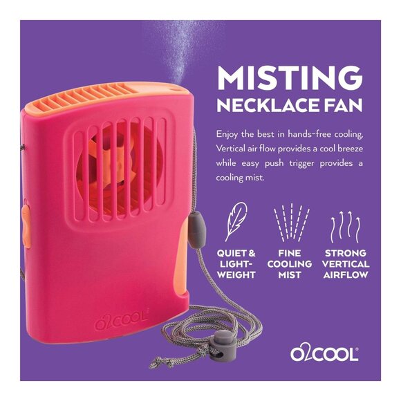 O2COOL Raspberry Misting Necklace Fan - Portable, Battery-Powered, Hands-Free Co - Picture 2 of 5